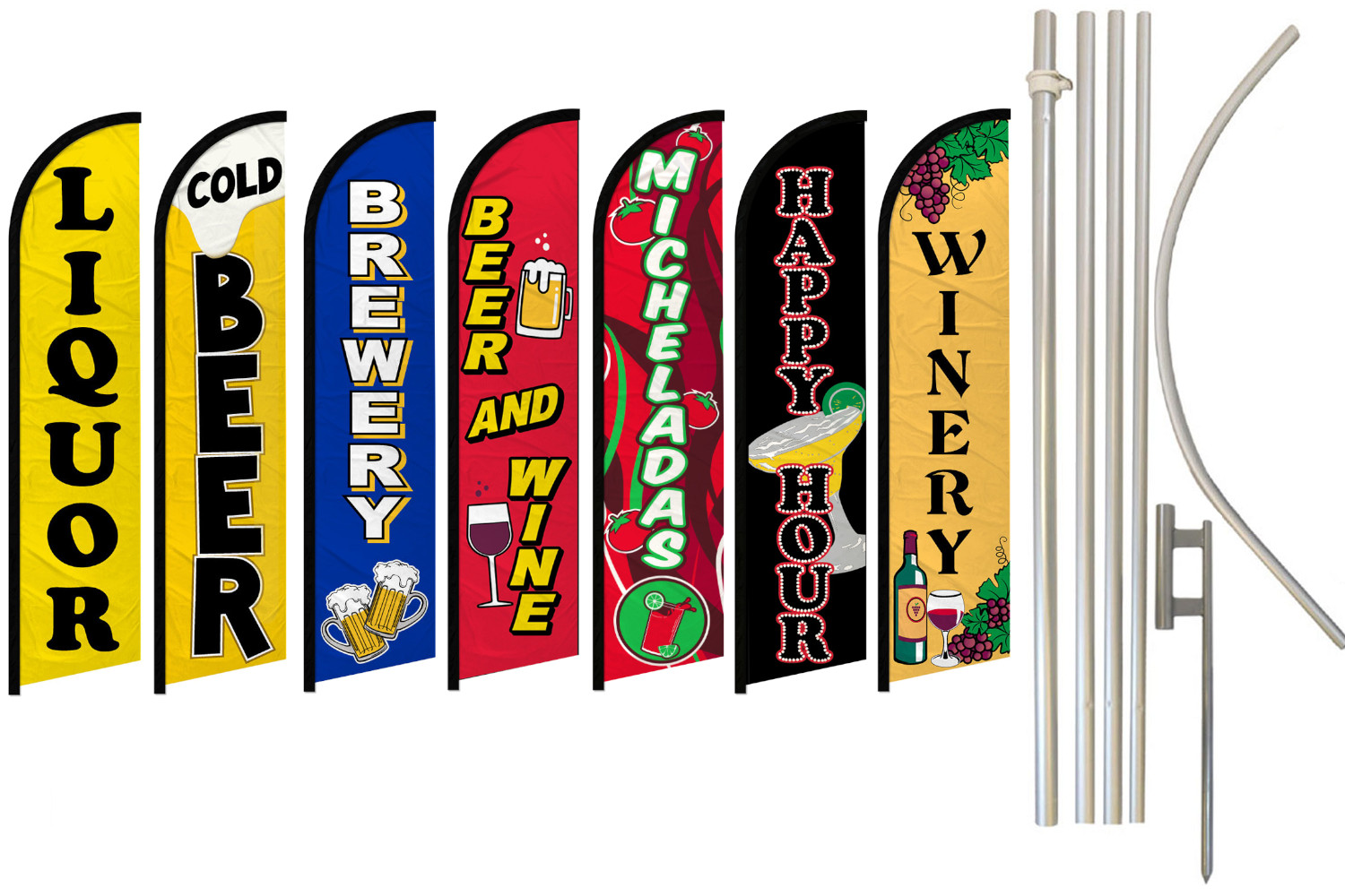 Beer & Wine Full Curve Windless Swooper Flag & Pole Kit Bar Flag Drinks